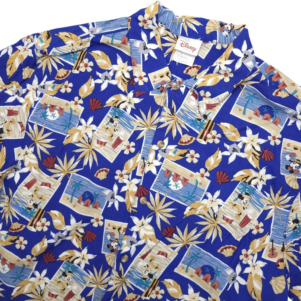Disney Store Shirt Mens Large Blue Hawaiian Mickey Minnie Short Sleeve Button Up